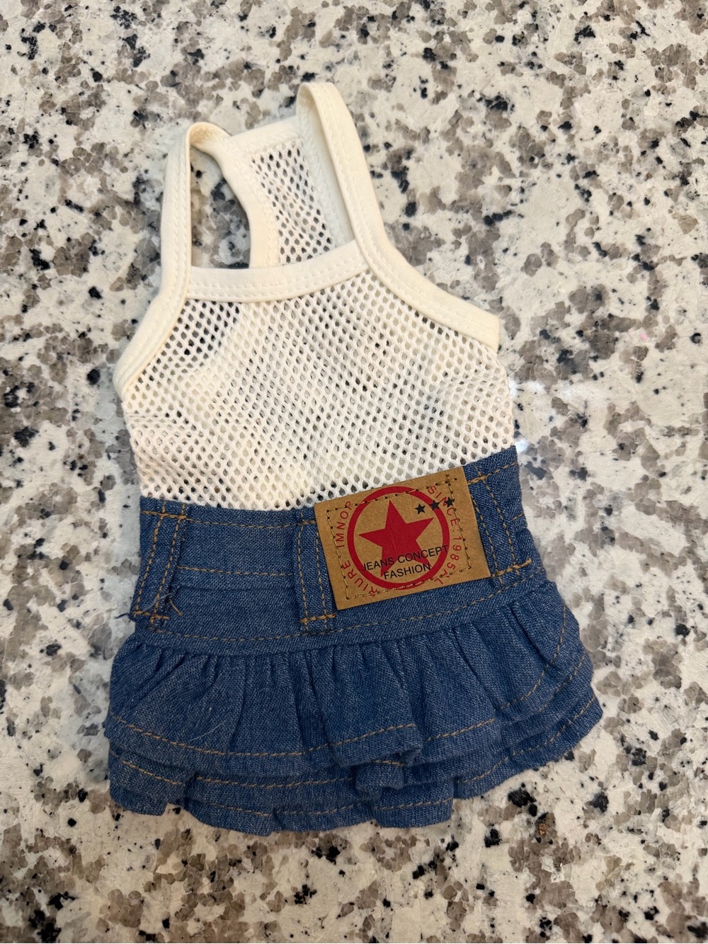 White Mesh Tank with Blue Denim Ruffle Skirt Pet Dress -XXS